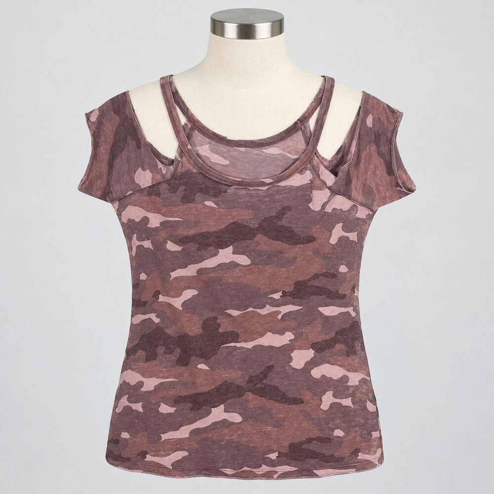 Express Women XS Camouflage Cold Shoulder T-Shirt Pink Purple Camo Cutout Top